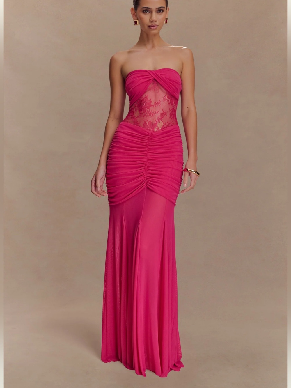 NWT MESHKI Khadijah lace and mesh maxi dress in dragonfruit size medium